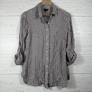 Talbots Womens Size Medium Pink Gray Viscose Plaid Casual Button Down Flannel